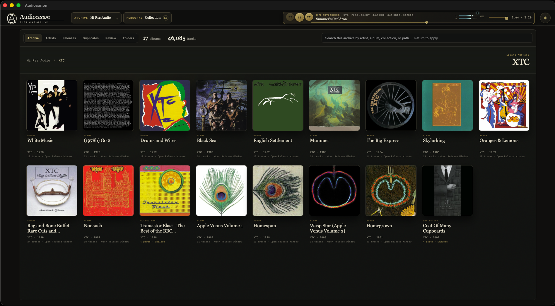 AudioCanon Archive View inside one artist folder, showing albums and nested collections as artwork-rich cards
