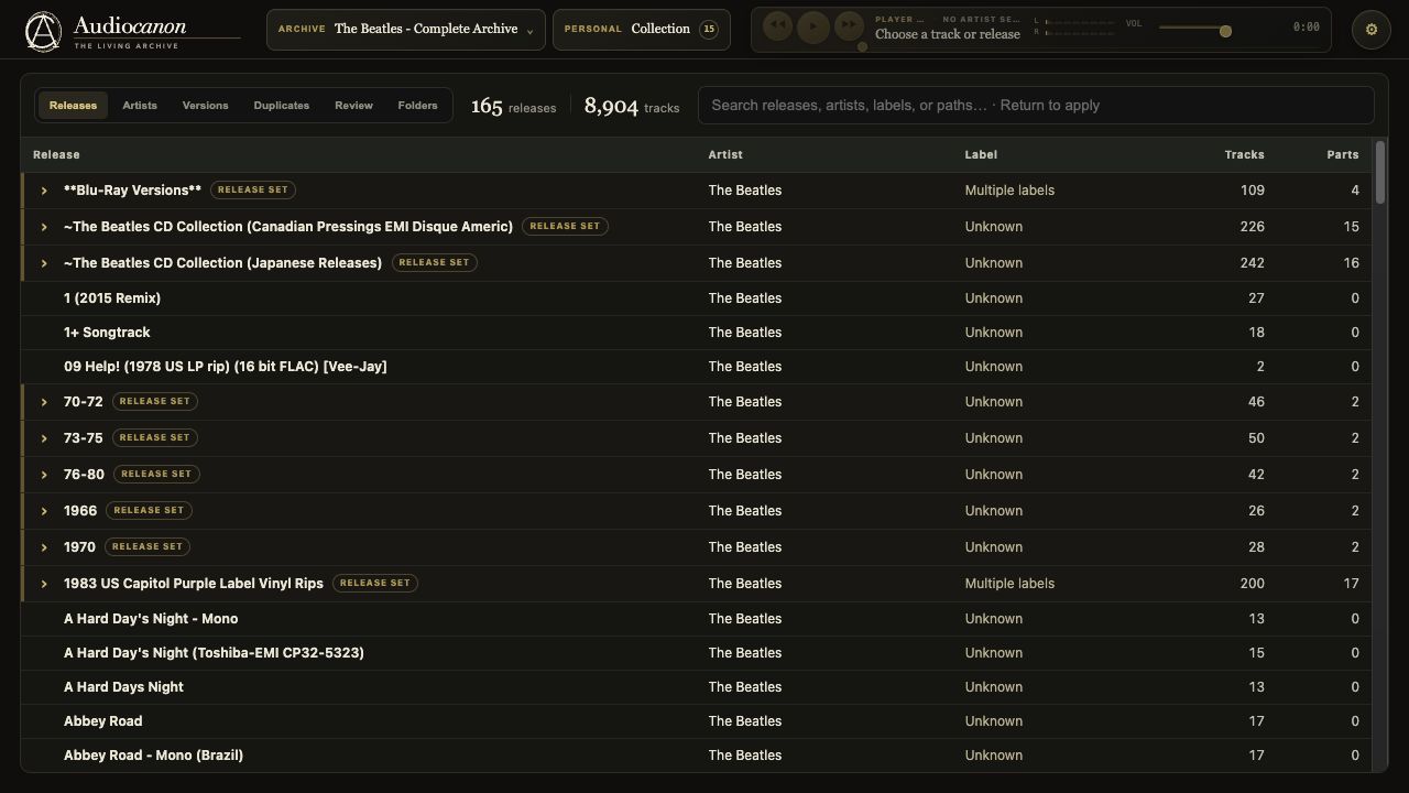AudioCanon Beatles Complete single-artist view showing release sets, editions, 165 release groups, and 8,904 indexed tracks