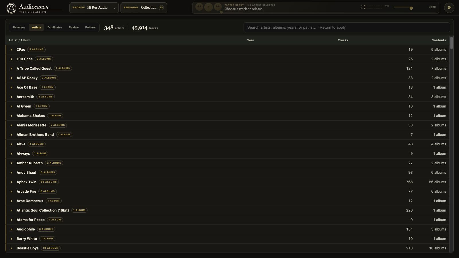 AudioCanon Hi Res Audio multi-artist view listing many artists and showing 348 artists and 45,914 indexed tracks