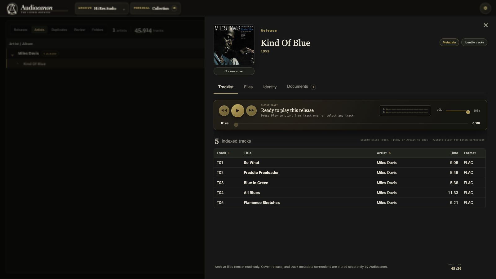 The real AudioCanon Kind of Blue view with authentic artwork, five indexed tracks, correct titles, and file-derived durations