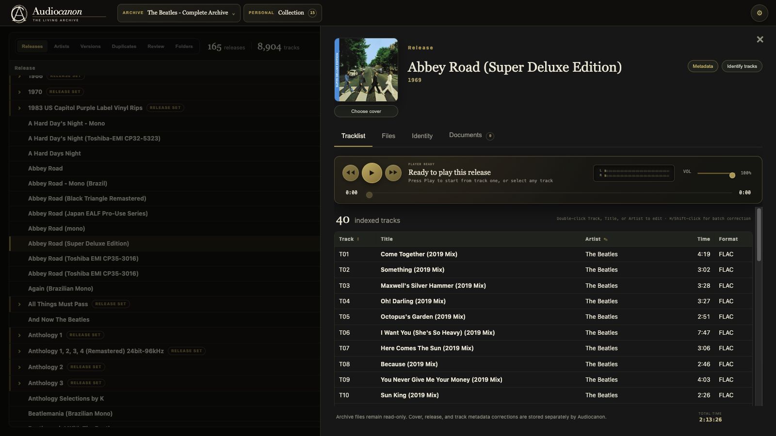 The real AudioCanon Abbey Road Super Deluxe Edition view with authentic artwork, accurate track numbering and durations, and the full Beatles archive visible behind it
