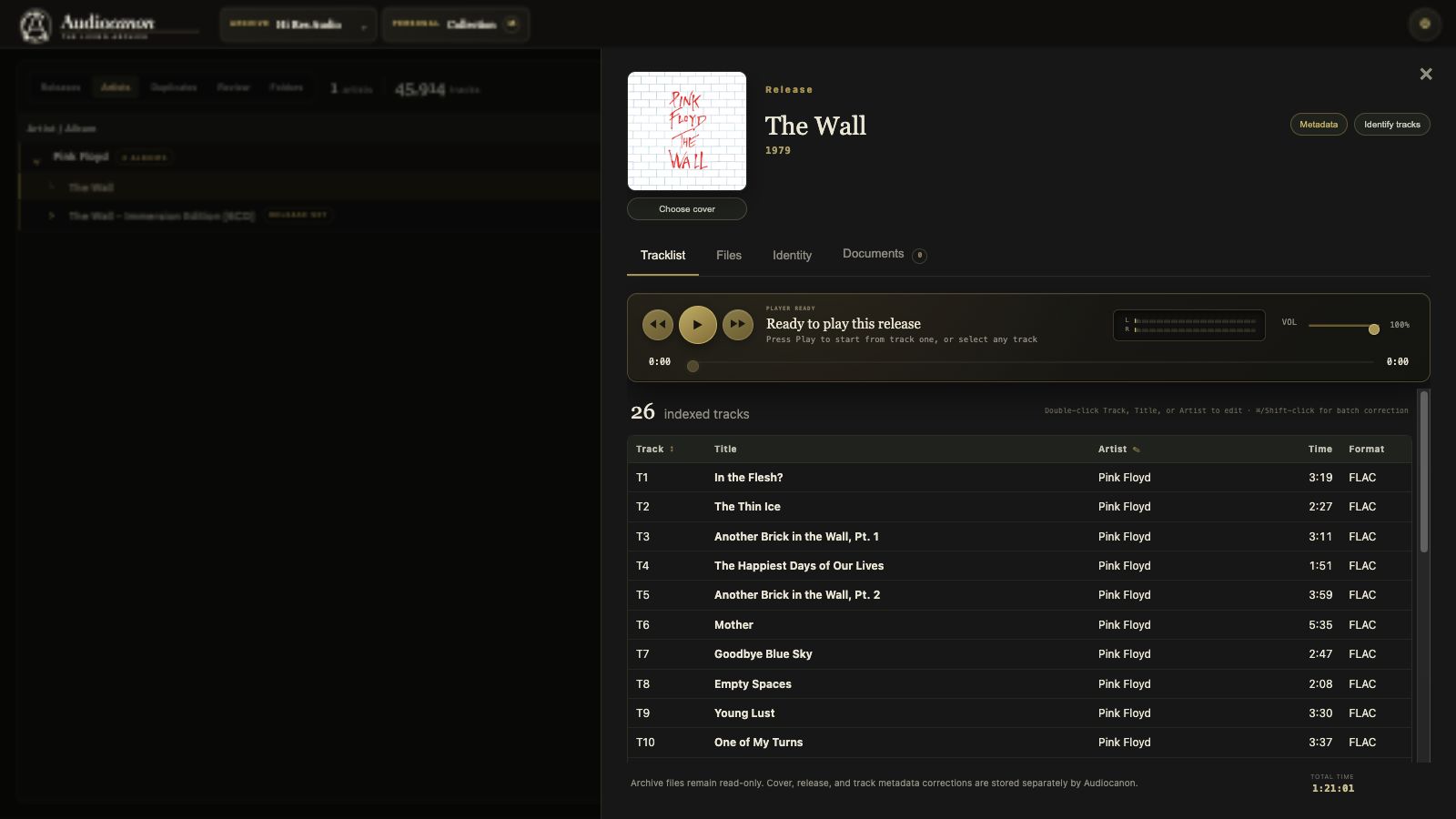 The real AudioCanon release window showing Pink Floyd’s The Wall, authentic artwork, 26 indexed tracks, correct track numbering, and file-derived durations