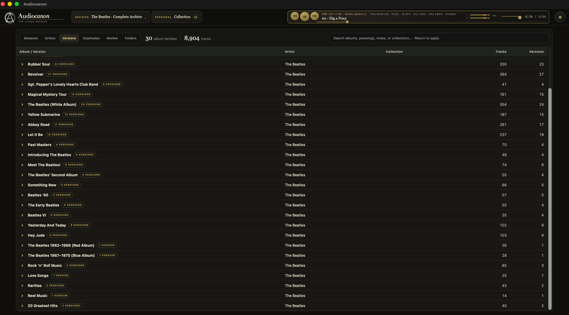 AudioCanon single-artist Versions view grouping album families and editions with an active track playing